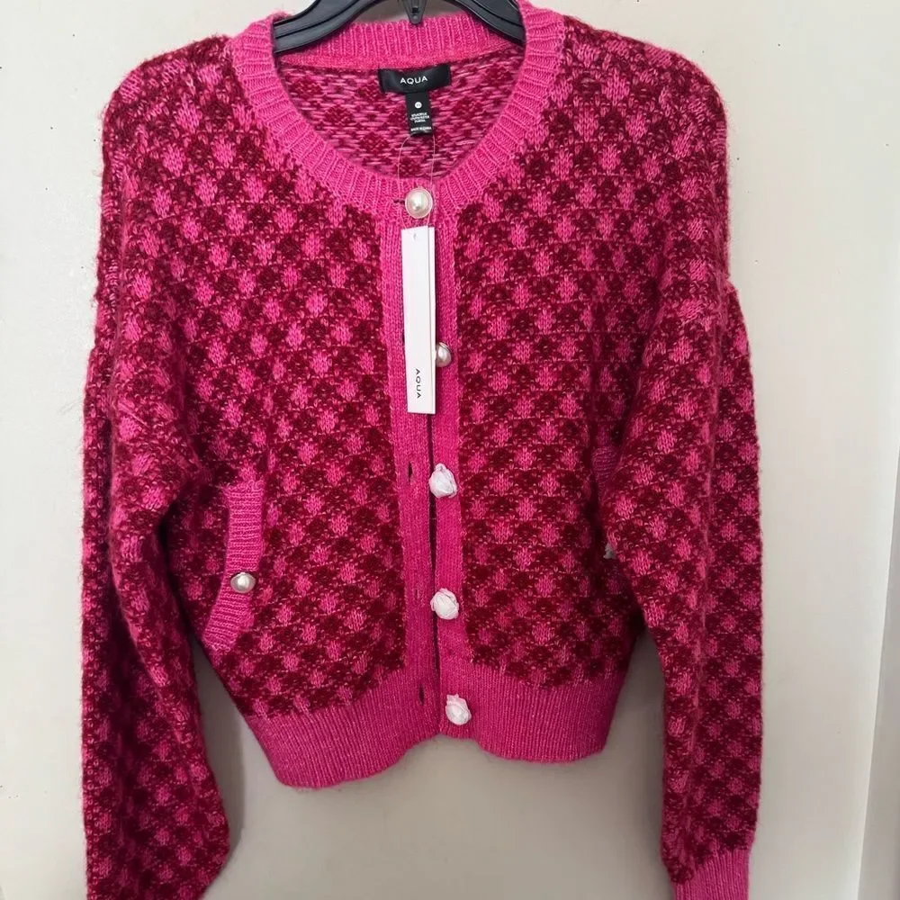 AQUA Plaid button cardigan